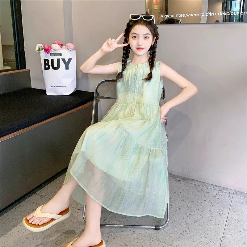 女童夏季雪纺连衣裙2024新款中大童无袖背心裙儿童洋气沙滩公主裙