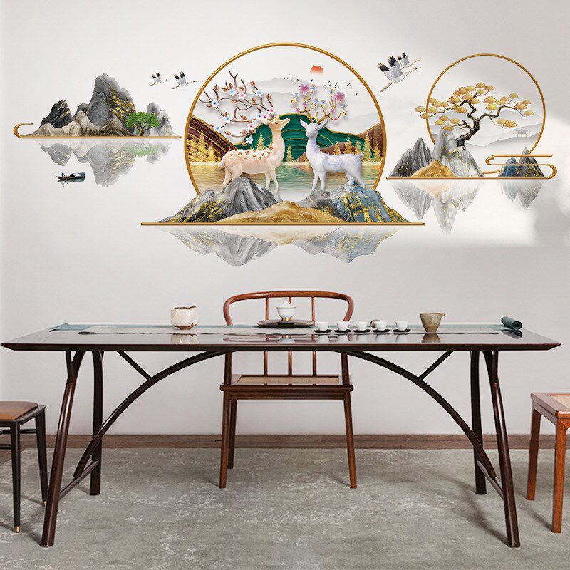 2024春节新中式山水画福禄双全墙贴纸玄关客厅沙发电视背景墙装饰