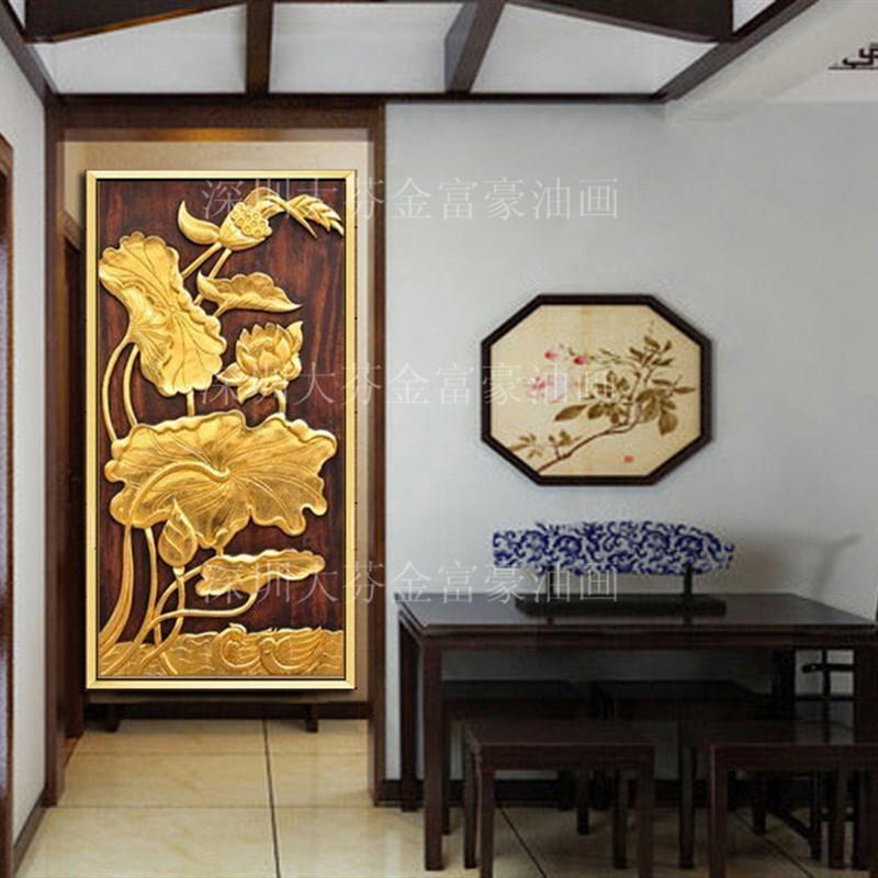 手绘东南亚风格立体抽象金箔画家居酒店客厅玄关金色荷花装饰挂画图片