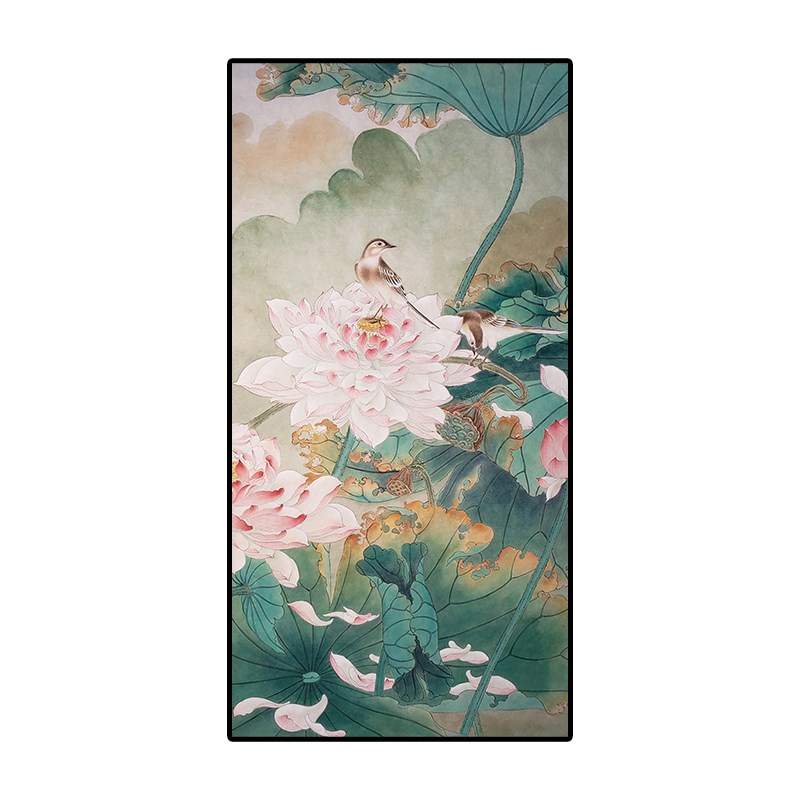 手绘油画荷花和气生财客厅装饰画新中式花鸟玄关走廊过道工笔挂画