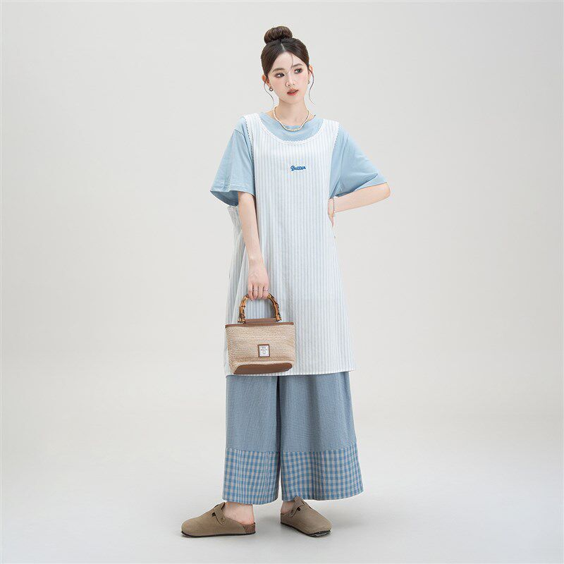 蓝色宽松短袖T恤女夏季新款叠穿时尚套装