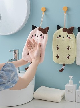 JOJO L. D.wod.珊瑚绒平面猫咪绣擦手巾浴室挂式  美言