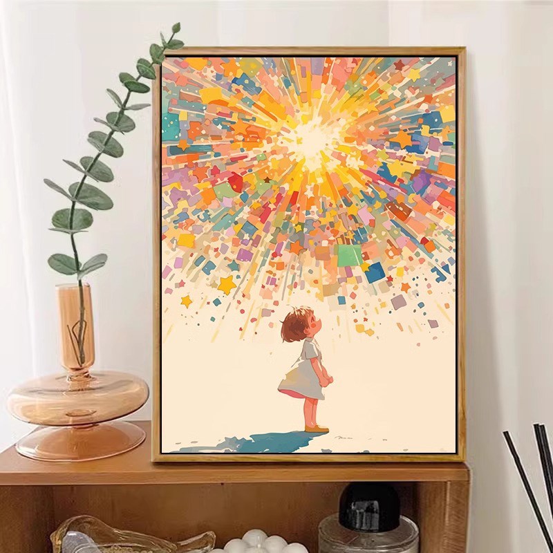 太阳女孩梵高温暖系装饰画梦幻卡通儿童房卧室书房玄关装饰画