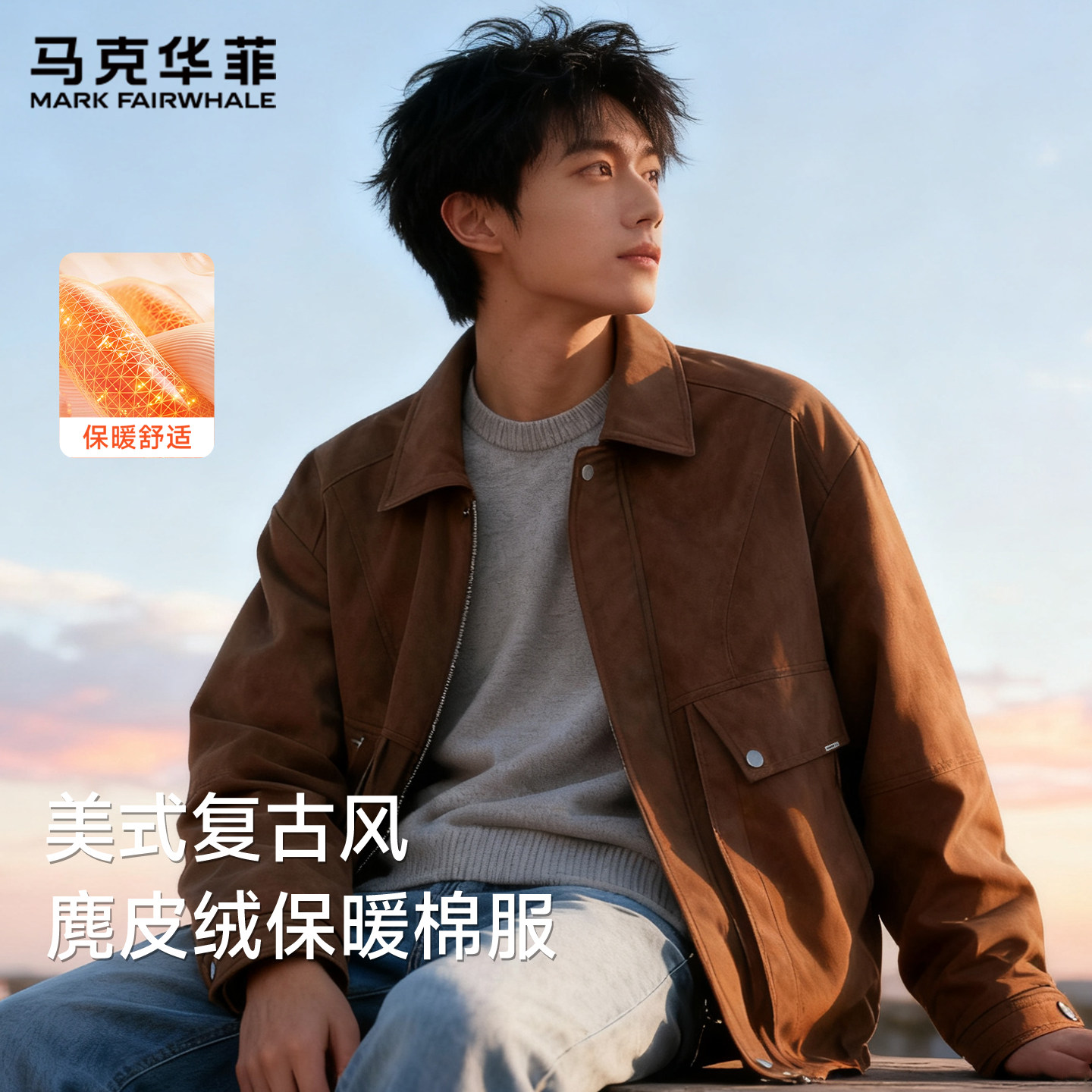 马克华菲美式风翻领夹克男冬季休闲老钱风麂皮绒复古外套保暖棉服