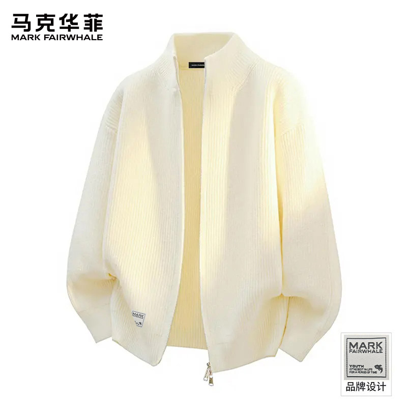 马克华菲奶白色立领针织开衫男女同款秋季拉链休闲外套情侣毛衣S