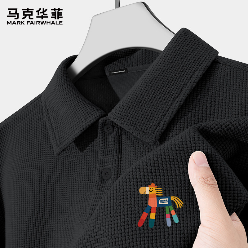 马克华菲polo衫男夏季新款透气华夫格短袖美式宽松帅气黑色上衣S