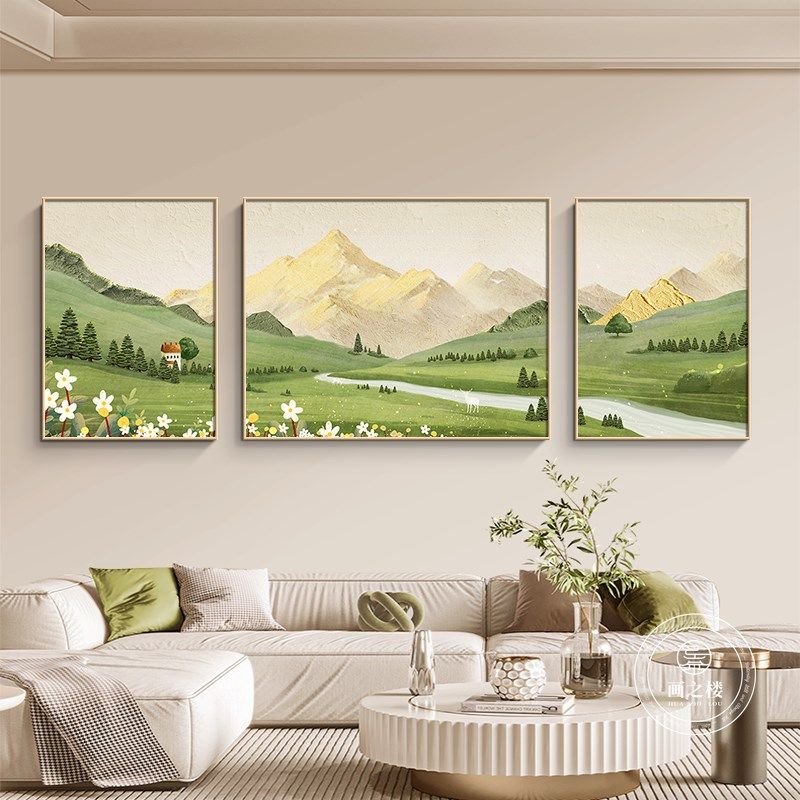 日照金山客厅装饰画源远流长三联挂画山水风景油画沙发背景墙壁画,家居饰品,现代装饰画,淘宝优惠券,粉丝福利购,淘宝优惠卷