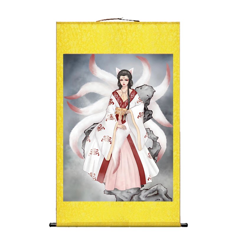 定制九尾狐画像白色狐狸卷轴挂画胡家东北出马客厅堂口供奉装饰画