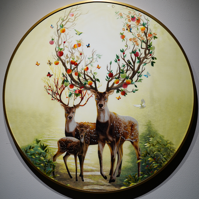 鹿禄亨通圆形纯手工刺绣入户玄关客厅高端艺术装饰画苏挂画成品绣图片