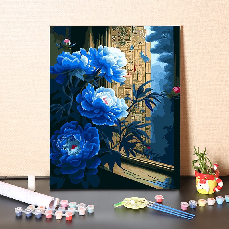 数字油画diy手工填充中式复古蓝色牡丹花手绘填涂色装饰油彩画画图片
