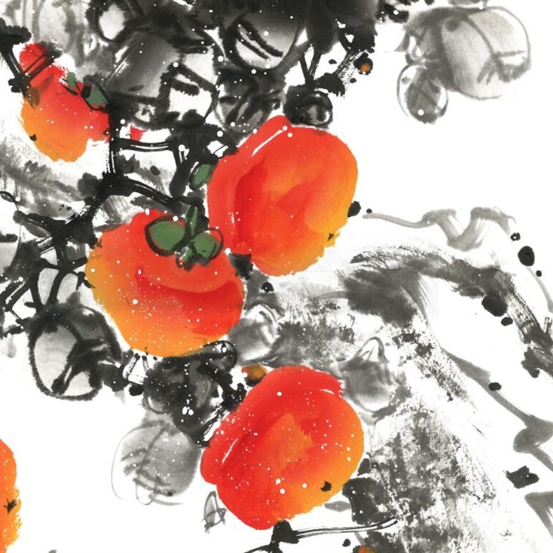 万事如意现代中式花鸟挂画竖版玄关柿子图国画水墨山水画微喷画心