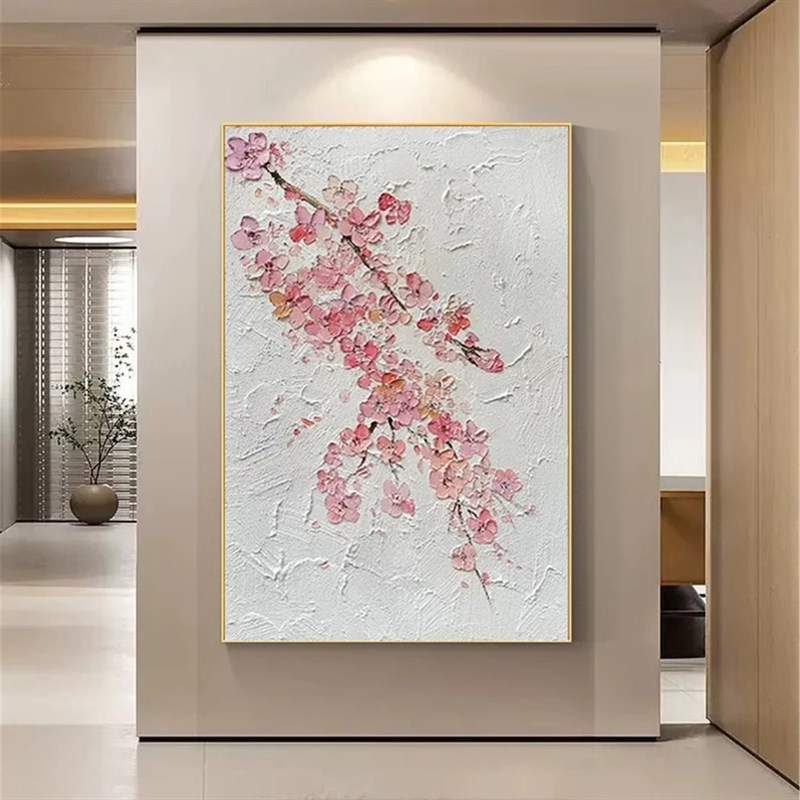 大芬村手绘油画抽象花卉粉红色桃花客厅装饰画奶油风肌理卧室挂画图片