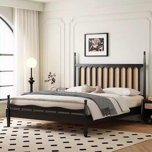 实木藤编床中古风床1.8m双人床美式复古床公寓侘寂风温莎床主卧床