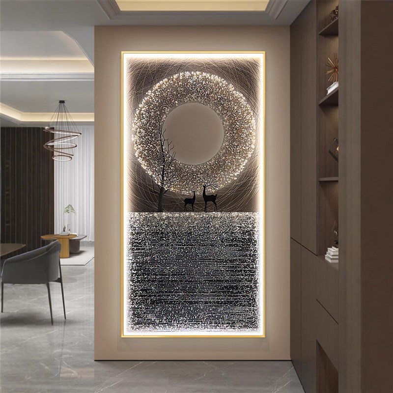星空麋鹿LED灯画欧式玄关晶瓷装饰画现代简约风走廊尽头高端挂画图片
