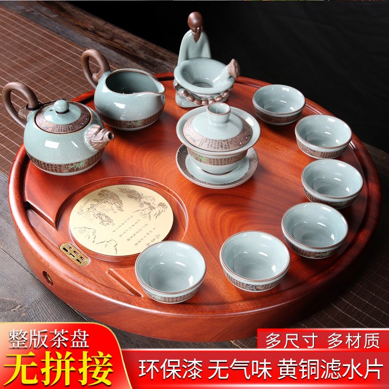 花梨木实木大小号圆形茶盘整块红木原木家用客P厅简约功夫简约茶