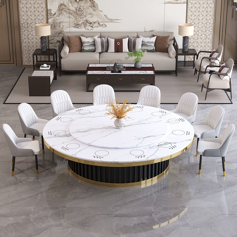 岩板小火锅桌酒店一人一锅餐桌带隐形一体电L磁炉12人电动大圆桌