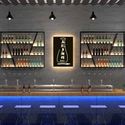 酒吧吧台酒架悬挂餐厅置物架创意壁挂灯光铁艺红酒柜墙上展示架
