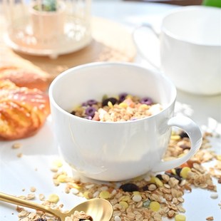 隆达骨瓷纯白大肚杯燕麦杯泡面杯大容量水杯汤碗面碗带把的碗微瑕