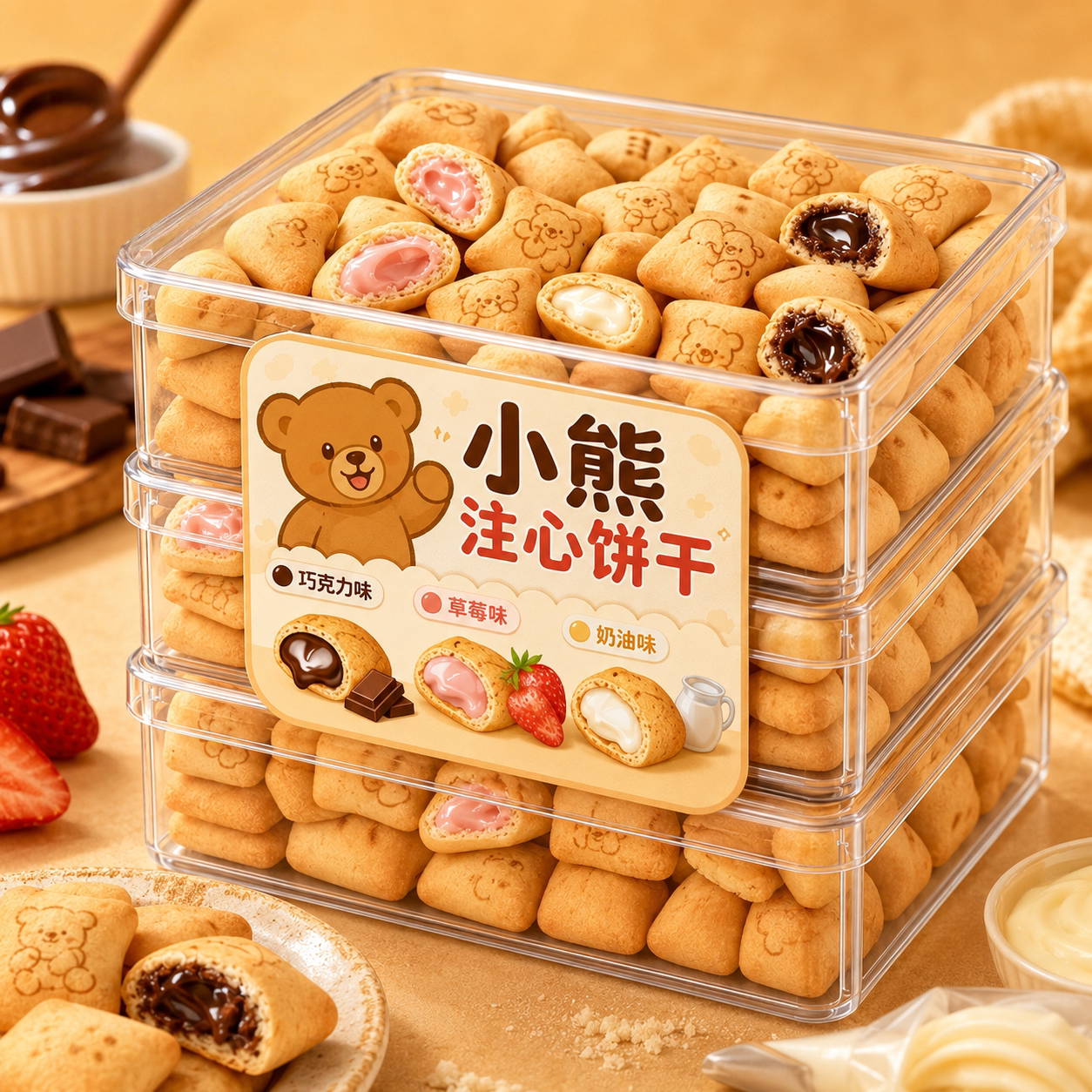 小熊注心饼干天猫甄选儿童零食独立包装巧克力夹心饼干草莓味整箱