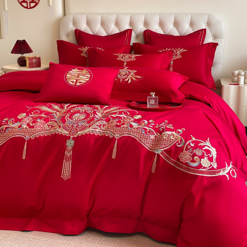新中式100S结婚四件套红色婚庆床上用品纯棉全棉刺绣被套床单床笠