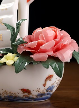 东方泥土《一帆风顺》新中式手工陶瓷花船摆件客厅办公室桌面装饰