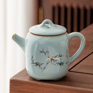 泡茶壶功夫茶具泡茶器高端 官窑天青富竹茶壶陶瓷单壶家用会客中式