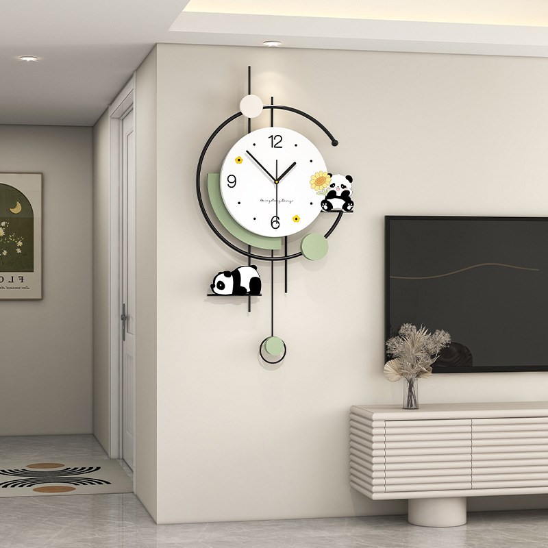 奶油风挂钟客厅高级感家用创意熊猫装饰钟表现代X简约餐厅时钟