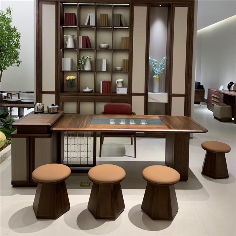 新中式北美黑胡桃木茶桌椅组合现代简G约家用客厅功夫泡茶台办公