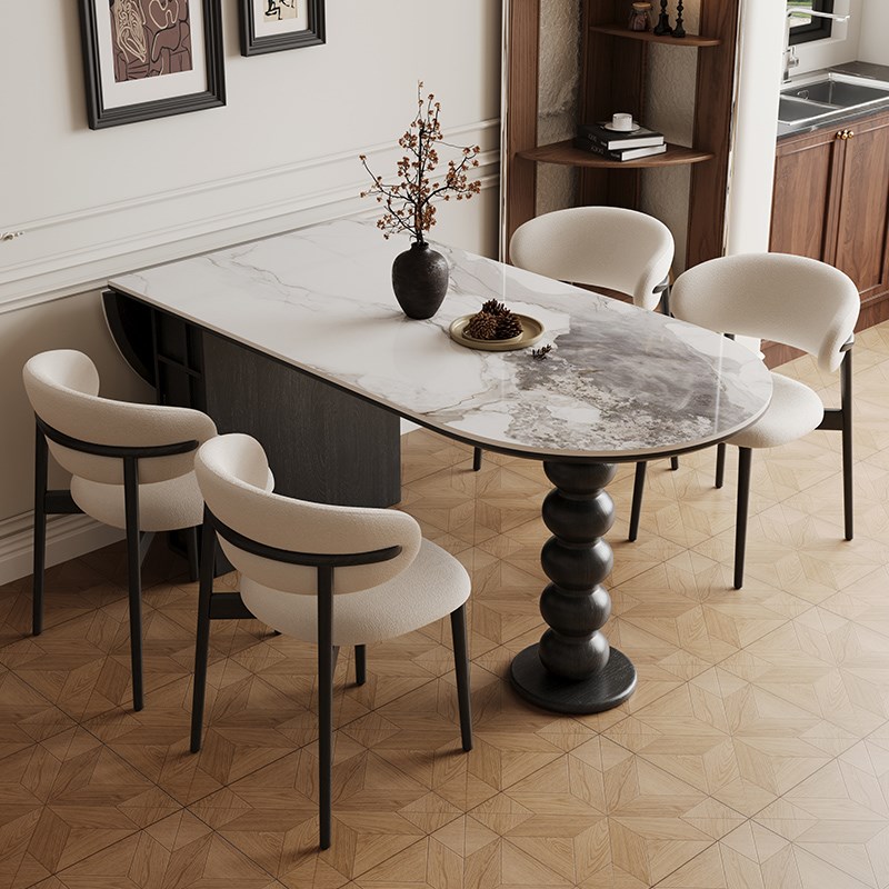 岩板折叠餐桌小户型黑色复古实木餐桌椅组合家用椭U圆形中古风饭