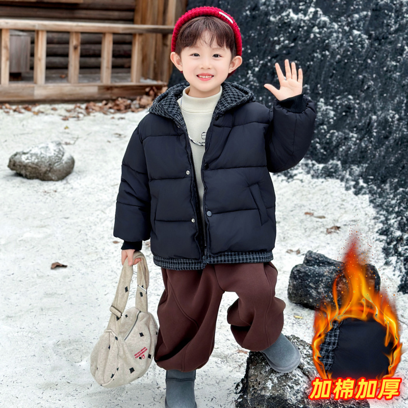 男童假两件格子连帽棉衣儿童冬季