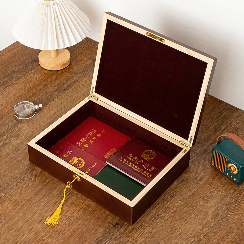 微瑕疵胡桃多功能证件收纳盒带锁桌面家用房产证方形存放盒实木质