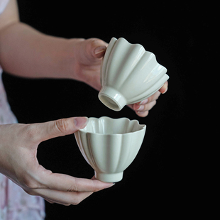 观策器隐复古家用主人杯小茶杯草木灰菊瓣杯中式陶瓷单个杯待客杯