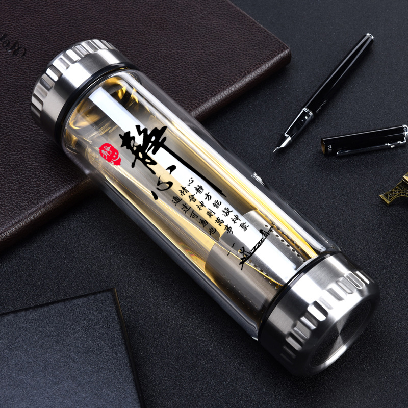 茶杯茶水分离耐热玻璃杯男士大容量双层玻璃印花双盖功夫茶过滤网