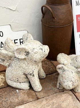 粗陶水泥复古做旧飞天小猪摆件花园阳台装饰品园艺杂货小猪飞猪