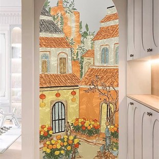 掐丝珐琅彩手绘高端艺术玻璃屏风隔断法式奶油风客厅入户进门遮挡