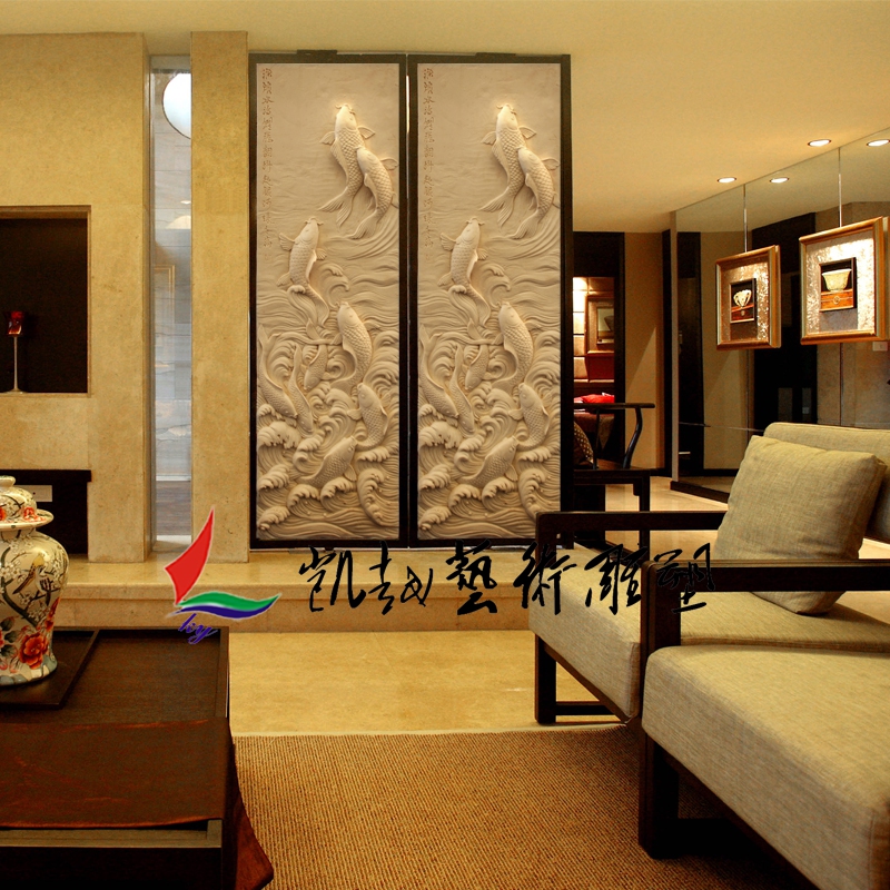 人造砂岩浮雕壁画立体沙雕玄关外墙砂岩雕塑砂岩砖雕刻鲤鱼跃龙门