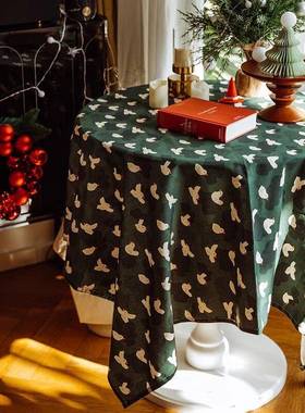 清新绿色简约小鸟布艺书房书桌氛围感装饰客厅桌布家用长桌盖布