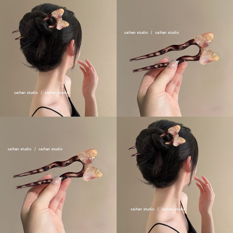 梦幻星云紫~醋酸蝴蝶结u型发簪高级感盘发发钗2024新款气质簪子