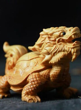 崖柏木雕龙龟摆件木头雕刻龙头龟茶宠木制手把件瑞兽木质家居装饰
