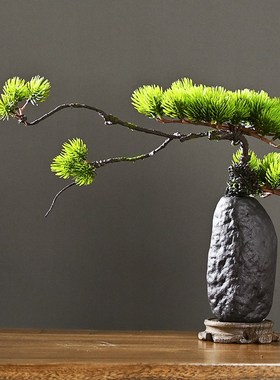 中式仿真迎客松盆景小植物摆件陶瓷花瓶假花松树客厅茶室布置装饰