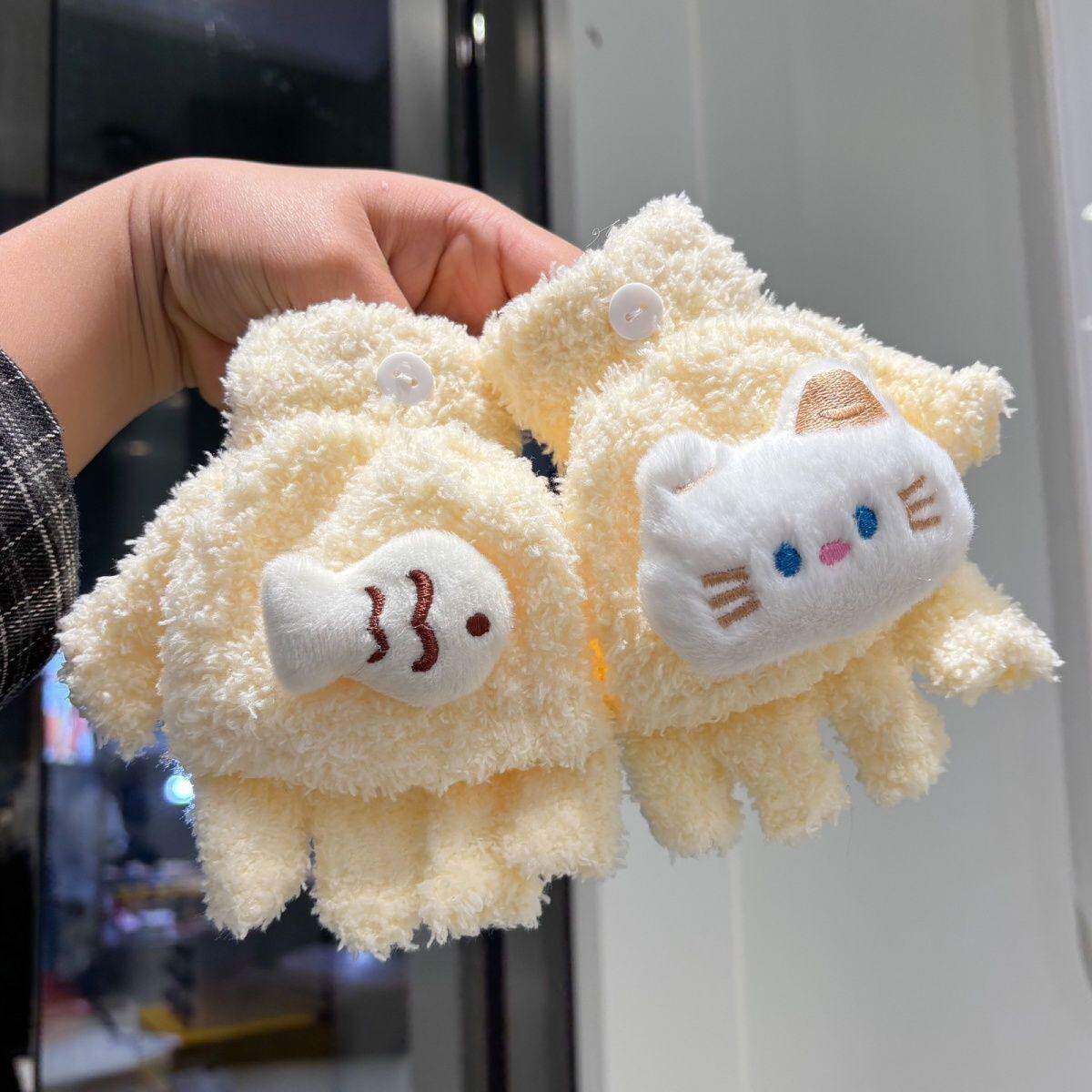 儿童手套半指卡通加厚冬季保暖毛绒女童小猫可爱翻盖写字学生五指