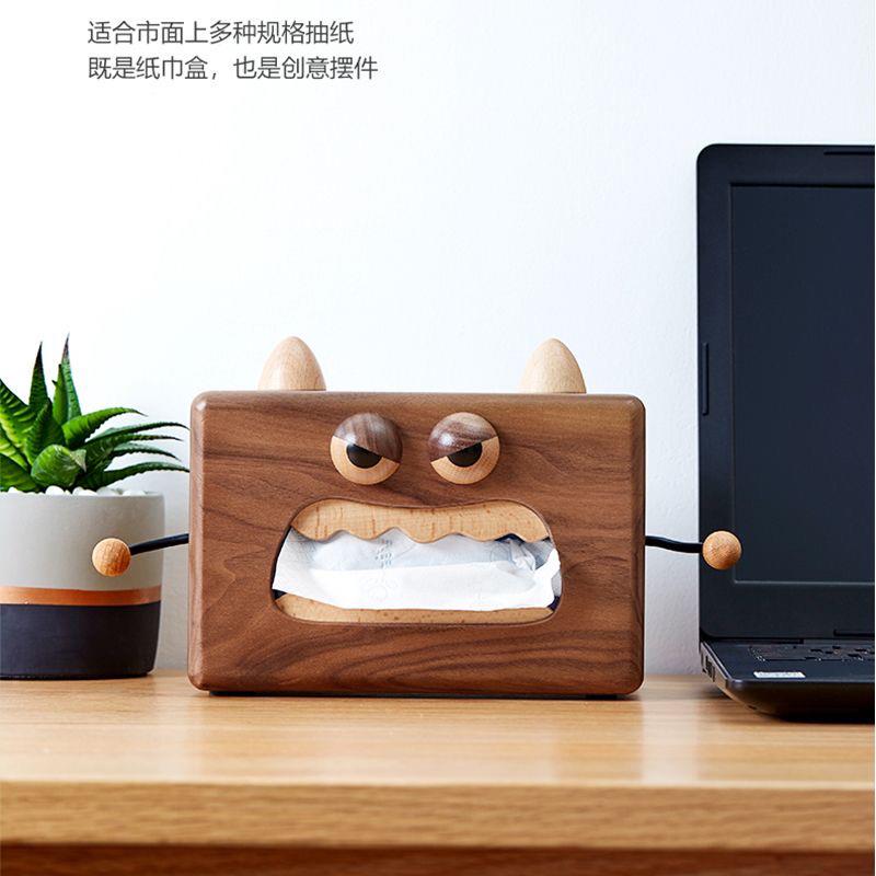 胡桃木纸巾盒小怪兽实木客厅餐桌纸巾盒收纳家用卡通侧抽式抽纸盒