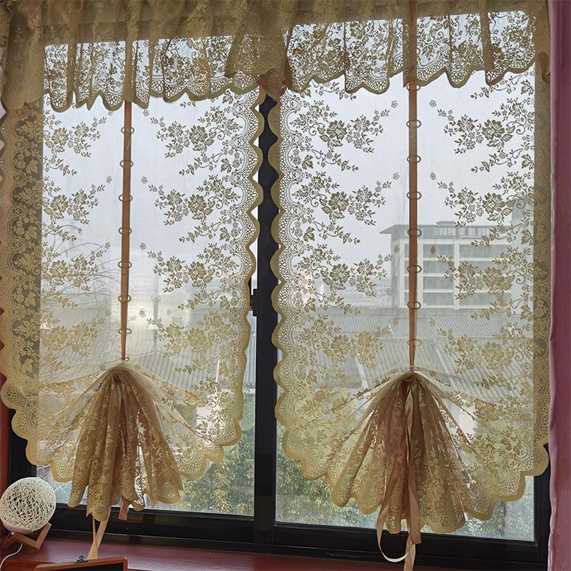 厨房短帘免打孔扇形提拉窗帘罗马帘隔断门帘阳台蕾丝网纱飘窗纱帘