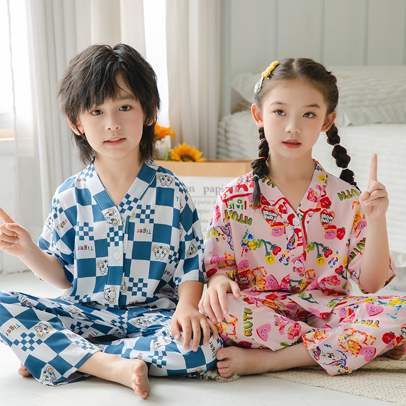 夏季儿童棉绸睡衣套装新款大童空调服女孩男童短袖长裤绵绸家居服