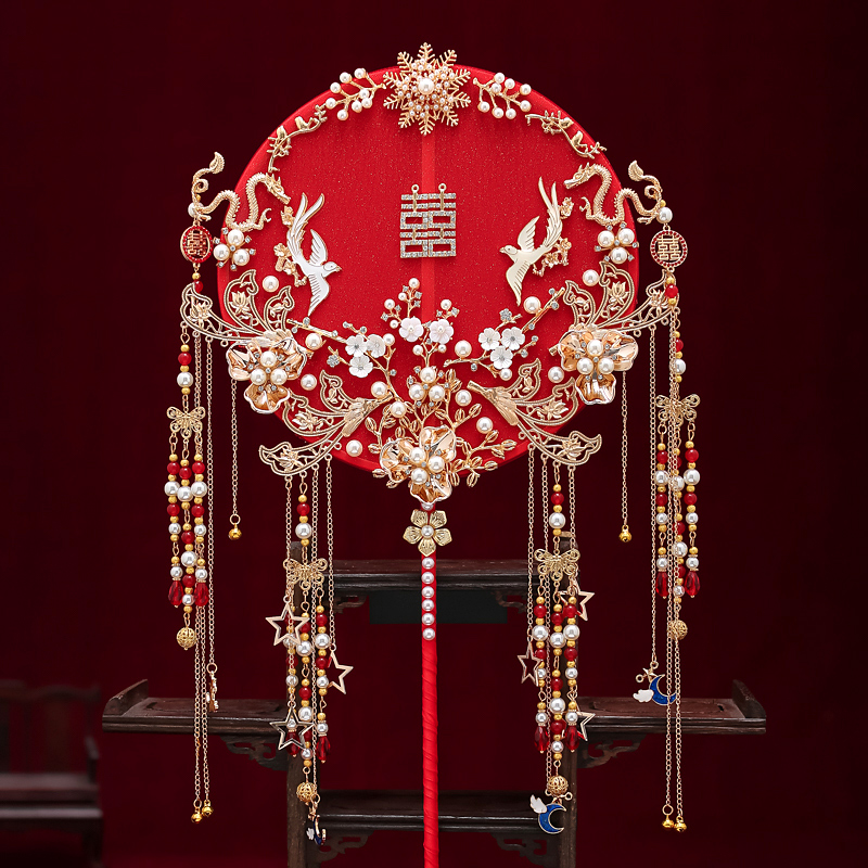 新娘秀禾服团扇结婚礼古风手工手捧花红色中式扇子出嫁喜扇瑾鸢