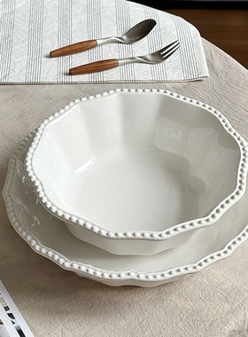 半颗橘子HO 浮雕白色珠边立体超大盘假日聚餐浓汤大碗长条鱼盘