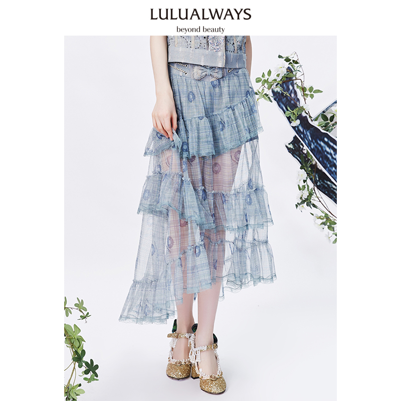 lulualways新款牛仔蛋糕裙网纱