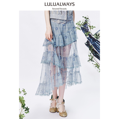 lulualways新款牛仔蛋糕裙网纱