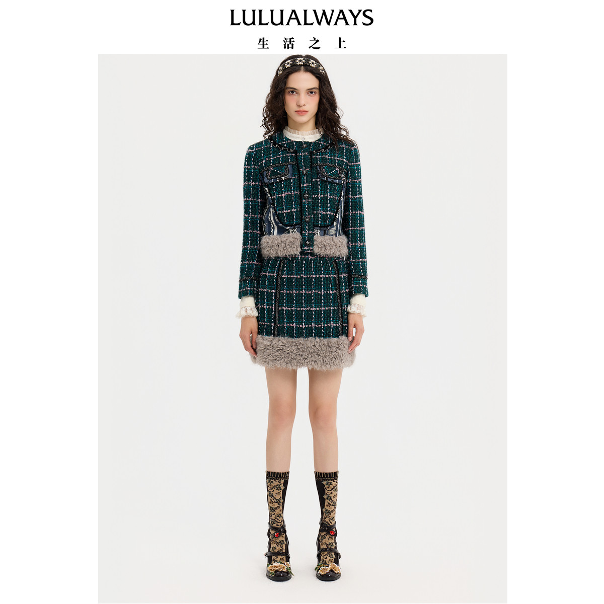 LULUALWAYS【商场同款】25冬季新款优雅气质千金绿色小香风短外套