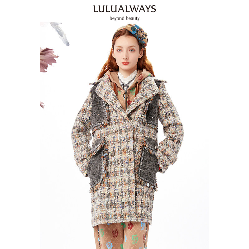 【奥莱】LULUALWAYS复古气质拼接小香风牛仔毛呢大衣外套女